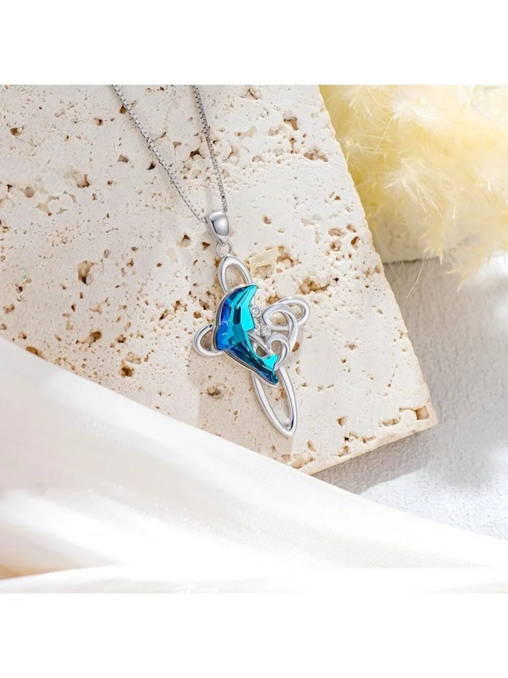 Women's Blue Sterling Silver Dolphin Beach Themed Pendant Crystal Necklace